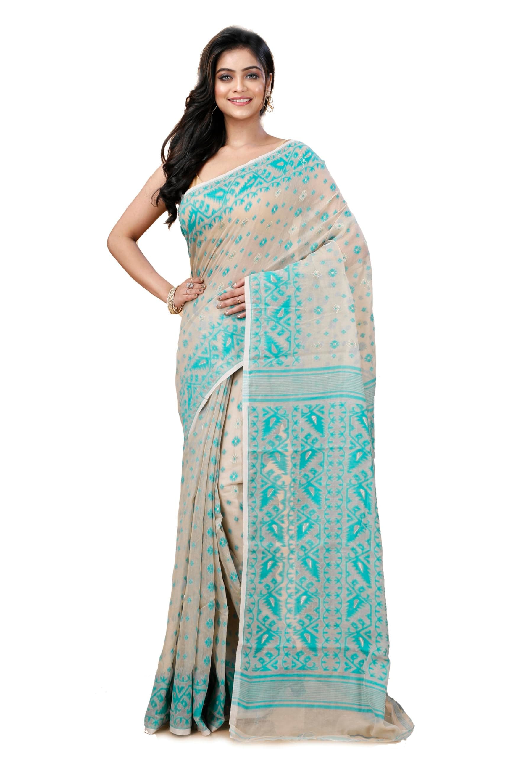 OISHANI SAREE GHOR Women's Traditional Bengal Cotton Silk Jamdani Saree