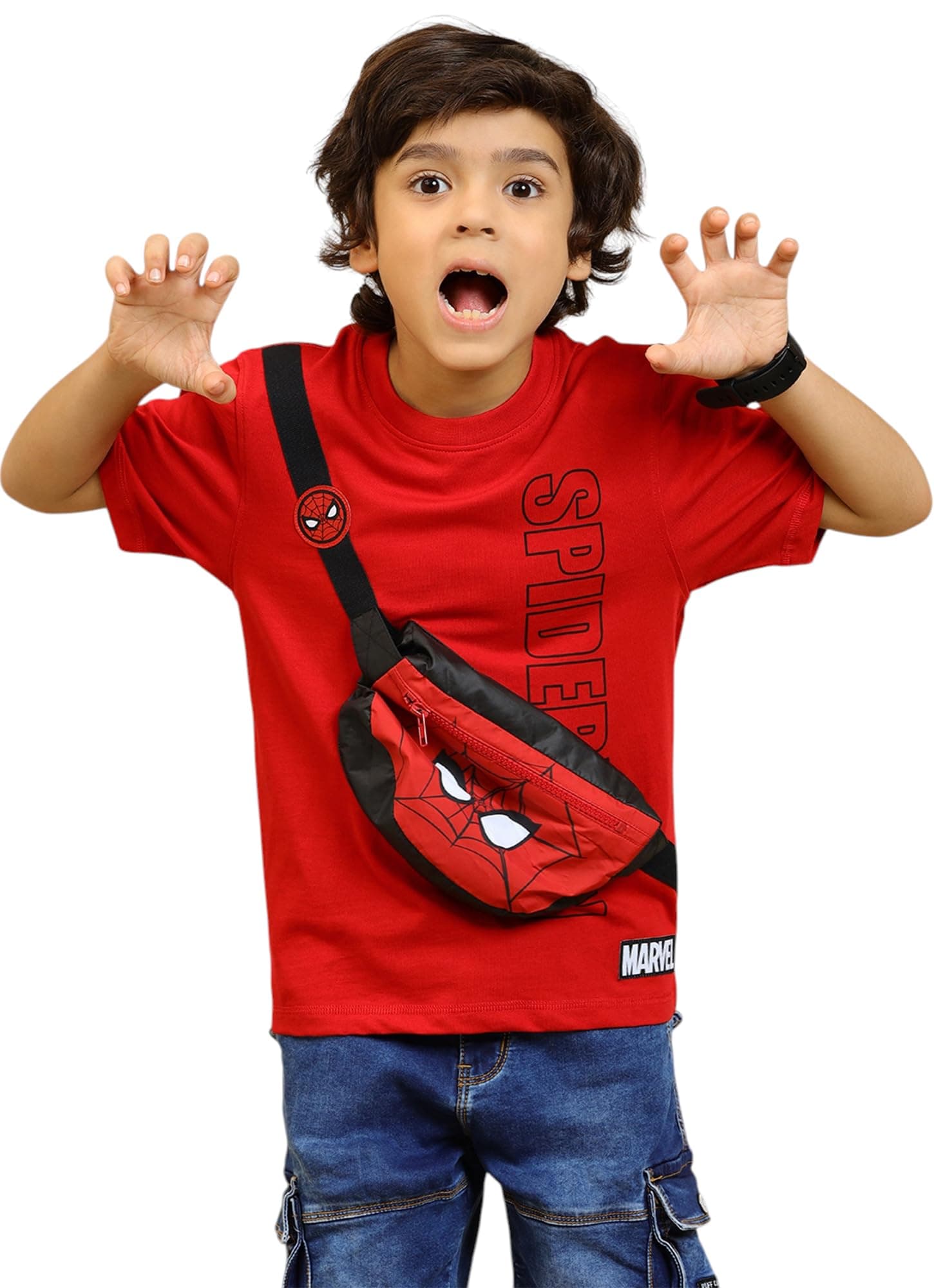 Kidsville Official Marvel Comics Spiderman Graphic Printed Half Sleeves Round Neck Regular Fit Pure Breathable Cotton Fabric T-Shirt with Pouch Bag for Boys