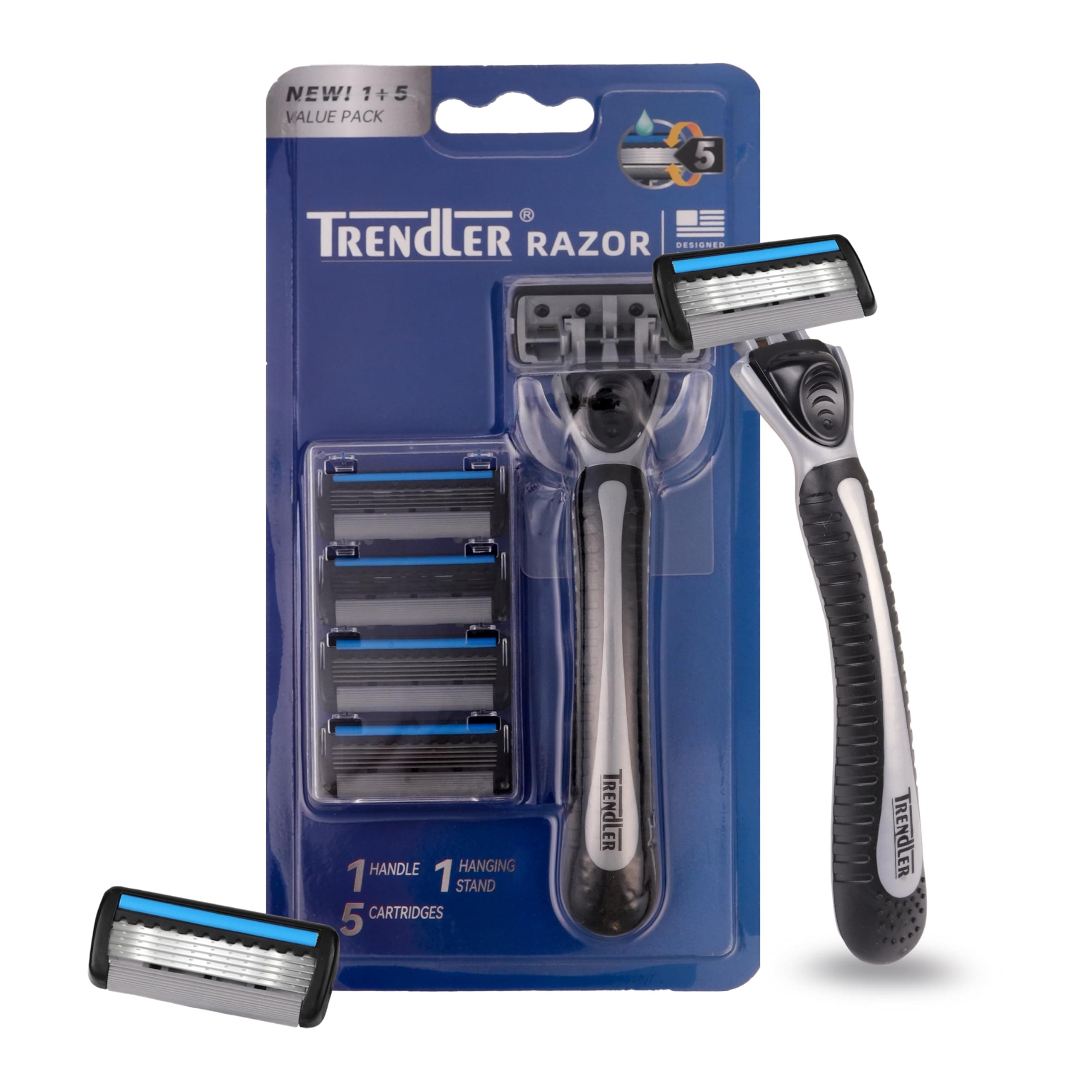 TRENDLER 5-Blade Razor | Razor for Men, with 5 Anti-Friction blades, Dynamic Pivot for Smooth & Comfortable shave with Flexible Head, Water-Activated Moisture Strip (5 Cartridges)