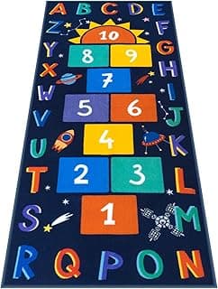 STARUIA Washable Hopscotch Kids Rugs for Playroom, Colorful Educational Classroom Rug with ABC Number, Non Slip Boy Kids Room Rug Space Game Carpet for Bedroom Nursery（Dark Blue, 80x183）