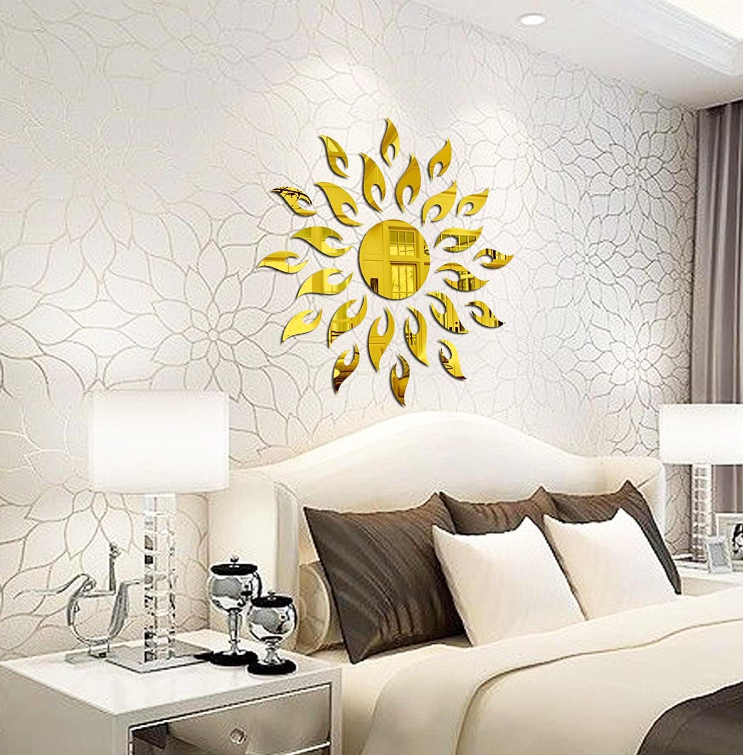 Wall1ders 1.5 Feet Sun Golden, Mirror Stickers for wall, Acrylic Mirror wall Decor Sticker, wall Mirror Stickers, Acrylic Stickers, Wall Stickers for Hall Room, Bed Room, Kitchen. (Gold, Large Size)