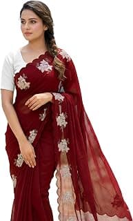 LOROFY Women’s Silk Blend Sequin Work Saree with Temple Border & Unstitched Blouse Piece (SequE)
