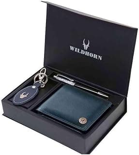 WildHorn Leather Wallet, Keychain & Pen Combo I Gift Hamper for Men (Blue Crunch)