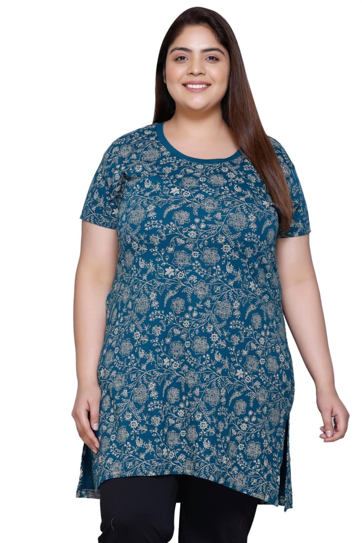 RYSH Women's All-Over Printed Cotton Plus Size Longline T-Shirt Half Sleeve with Pockets Turquoise Pistachio 4XL