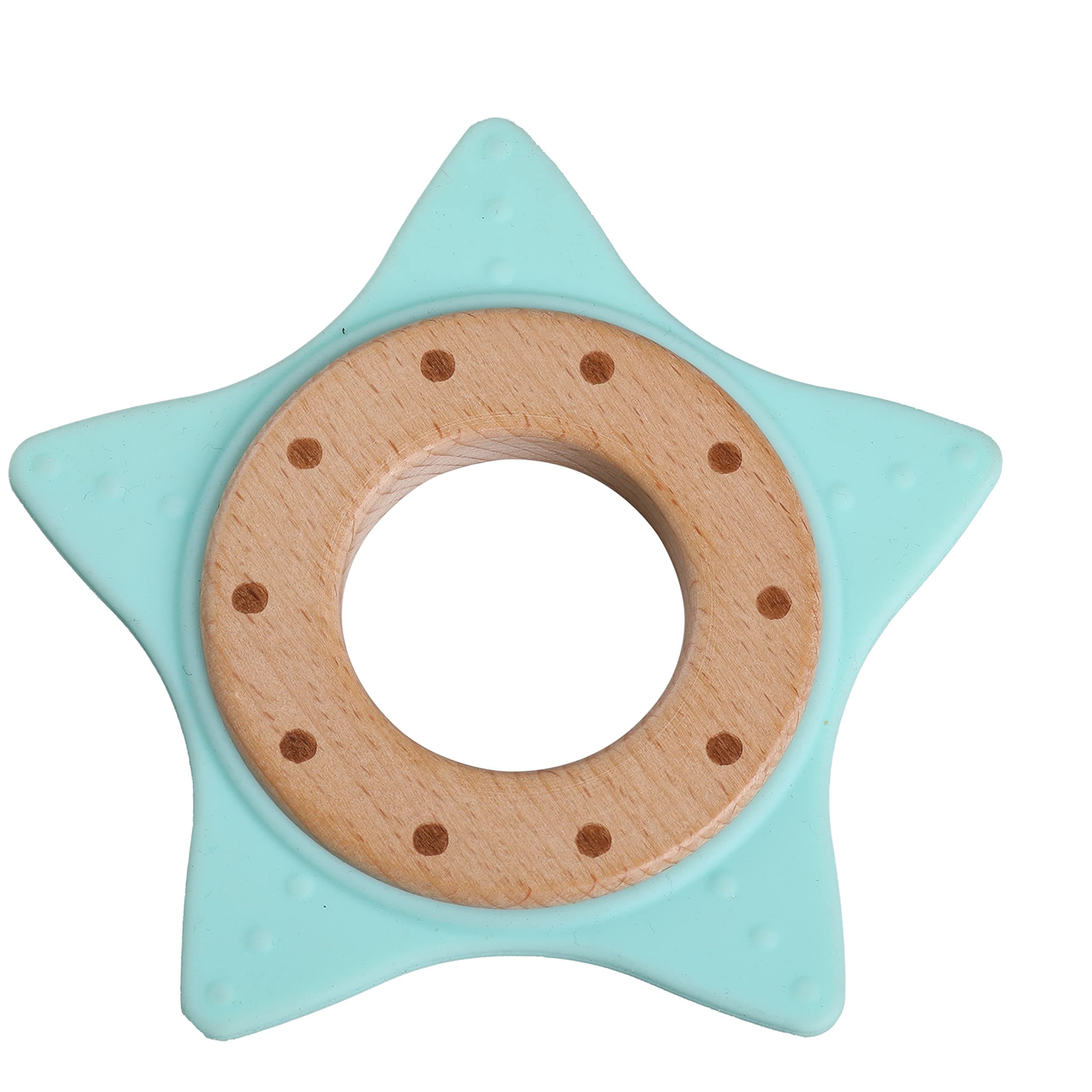 LuvLap Baby Silicone Lightweight Teether with Natural Beech Wood Inner Ring for Infant, 100% Food Grade Silicone, Easy Grip, 3 Months+ (Light Green)