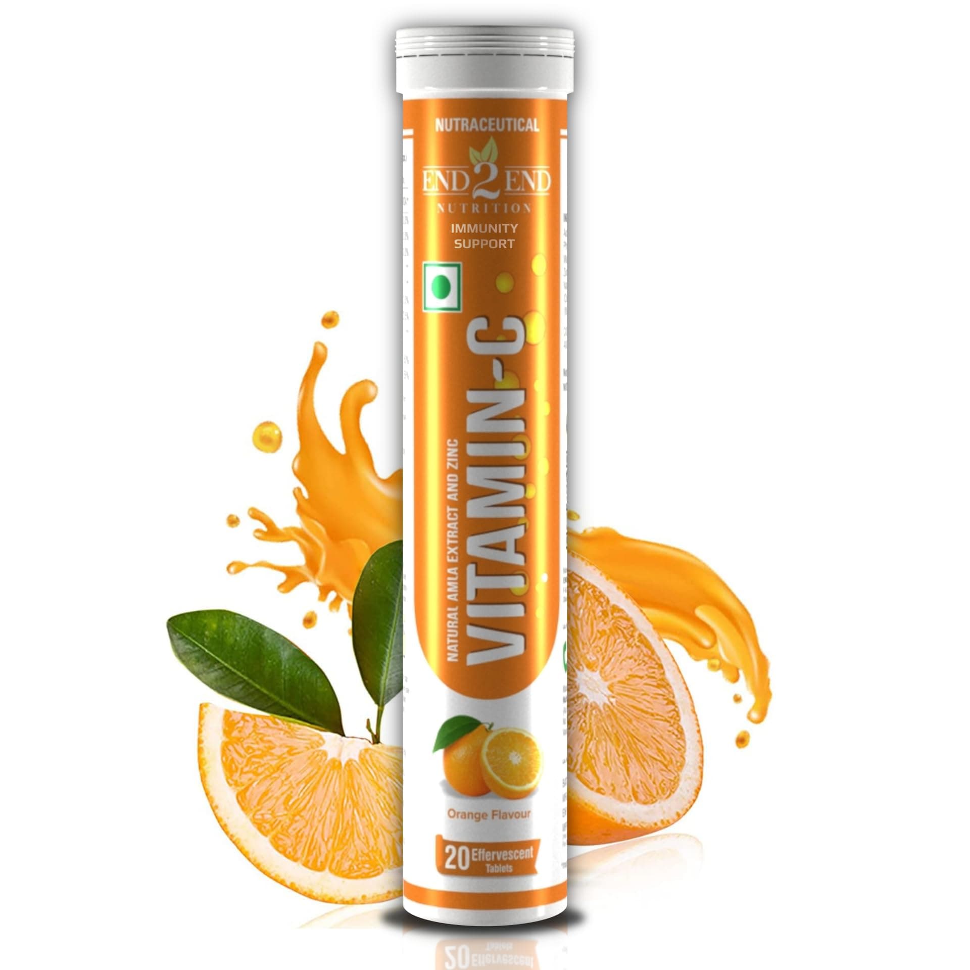 End2End Nutrition Vitamin C Tablets with 1000mg Amla & Zinc, Vitamin C Supplement for Immunity, Collagen Support & Skin Health | Orange Flavour - (Pack of 1) 20 Effervescent Tablets