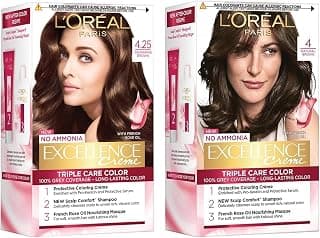 L'Oreal Paris Excellence Creme Hair Color, 4.25 Aishwarya's Brown, 72Ml+100G And L'Oreal Paris Excellence Creme Hair Color, 4 Natural Dark Brown, 72Ml+100G, 2 Count