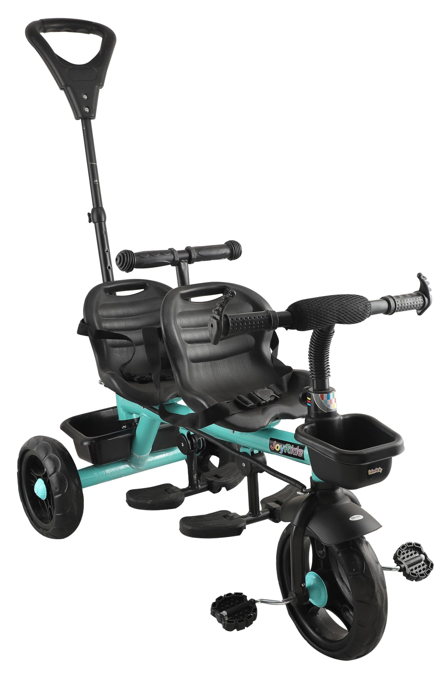 JoyRide Twin Trekkers Kids Tricycle with Parental Adjust Push Handle Children Seat Belt Dual Steering 2 footrest 2 Big seat Kids trikes Ride on Cycle Outdoor Toddler Bicycle for Boys & Girls (Blue)