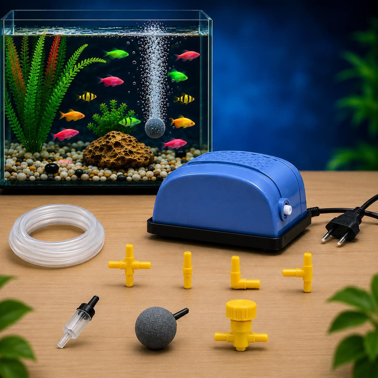 COLOURFUL AQUARIUM, Aquarium Air Pump/Motor + Tube + Air Stone (1 Way, Combo 6)