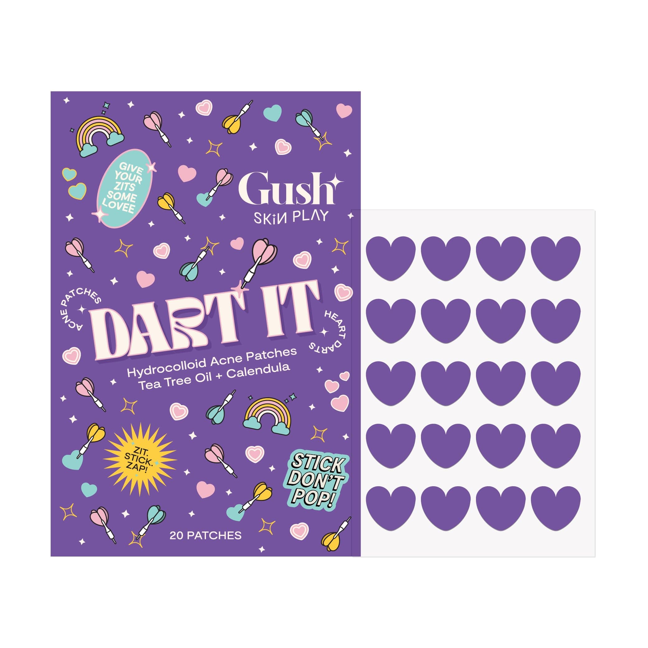Gush Beauty Purple Heart Pimple Patch, Tea Tree Hydrocolloid | 20 Count | Hydrocolloid patches with tea tree oil that flatten pimples, absorb gunk & excess oil overnight and cover blemishes.