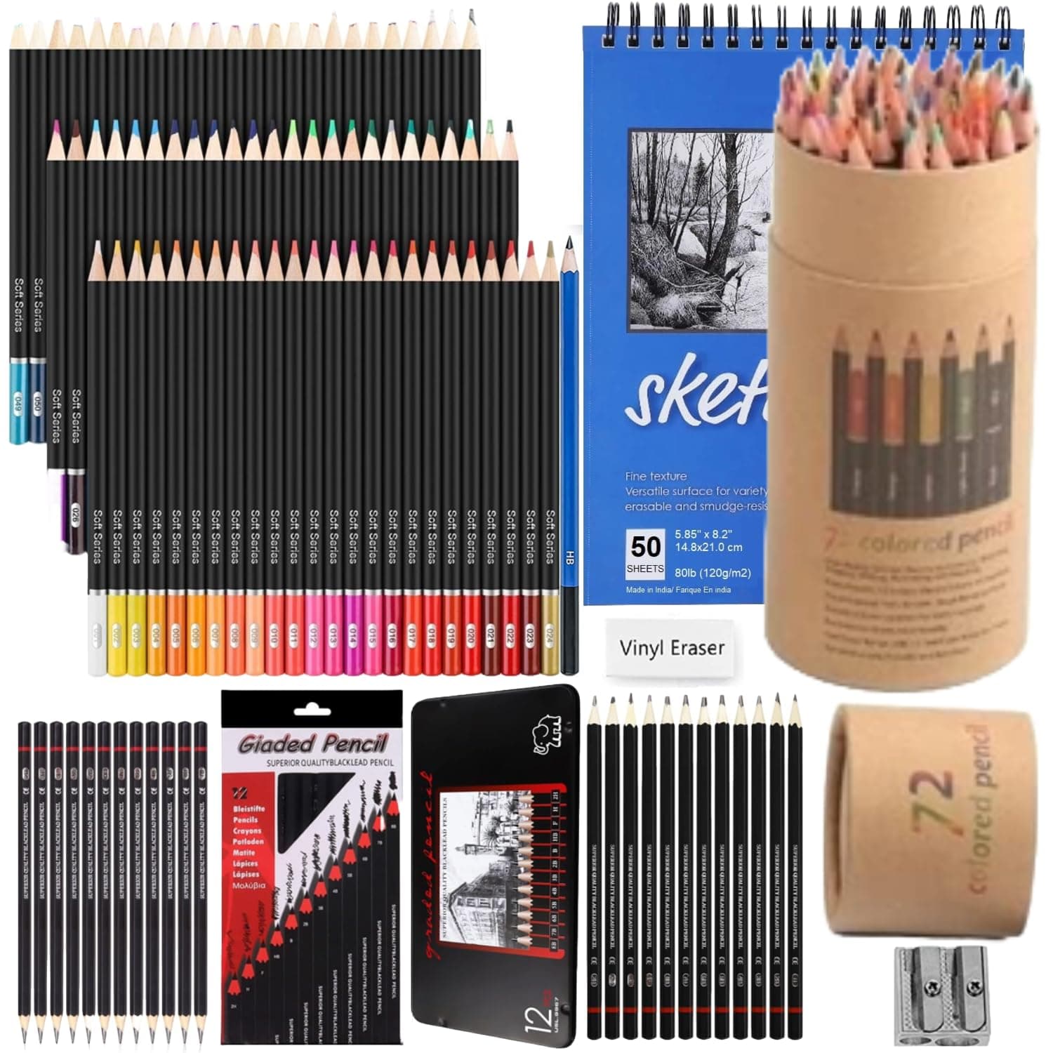Corslet Professional 97 Pcs Art Set: 72 Pc Soft-Core Colored Pencils, Complete 24Pc Drawing Graphite Sketching Kit (Tin & Carton box) with A5 Sketchbook| Combo Art Supplies for Adults & Beginners