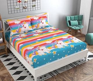 FRESH FROM LOOM Glace Cotton Wrinkle Free Soft Hypoallergenic Bed Sheet,Cartoon Printed Double Bedsheets King Size for Kids with 2 Pillow Cover(90x95 Inches/Unicorn/Boys Girls Room),Multicolor,144 TC