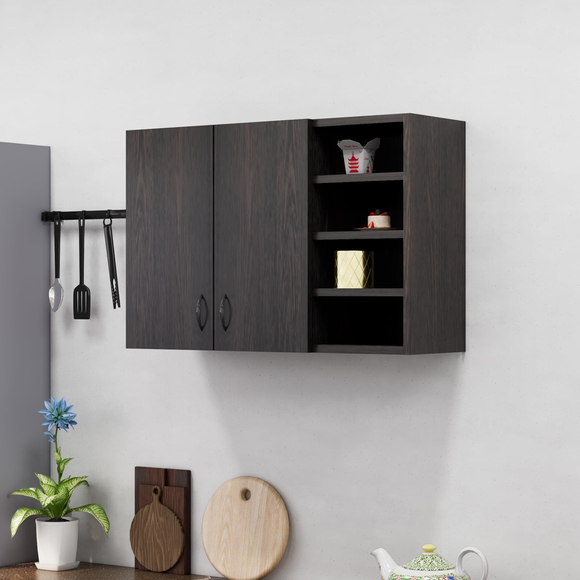 Bniture Engineered Wood Wall-Mount Kitchen Cabinet | Modular Kitchen Storage Cabinet with Shelves & 2 Doors with Open Box | Space-Saving Wall Cabinet for Kitchen (Flower Wenge)