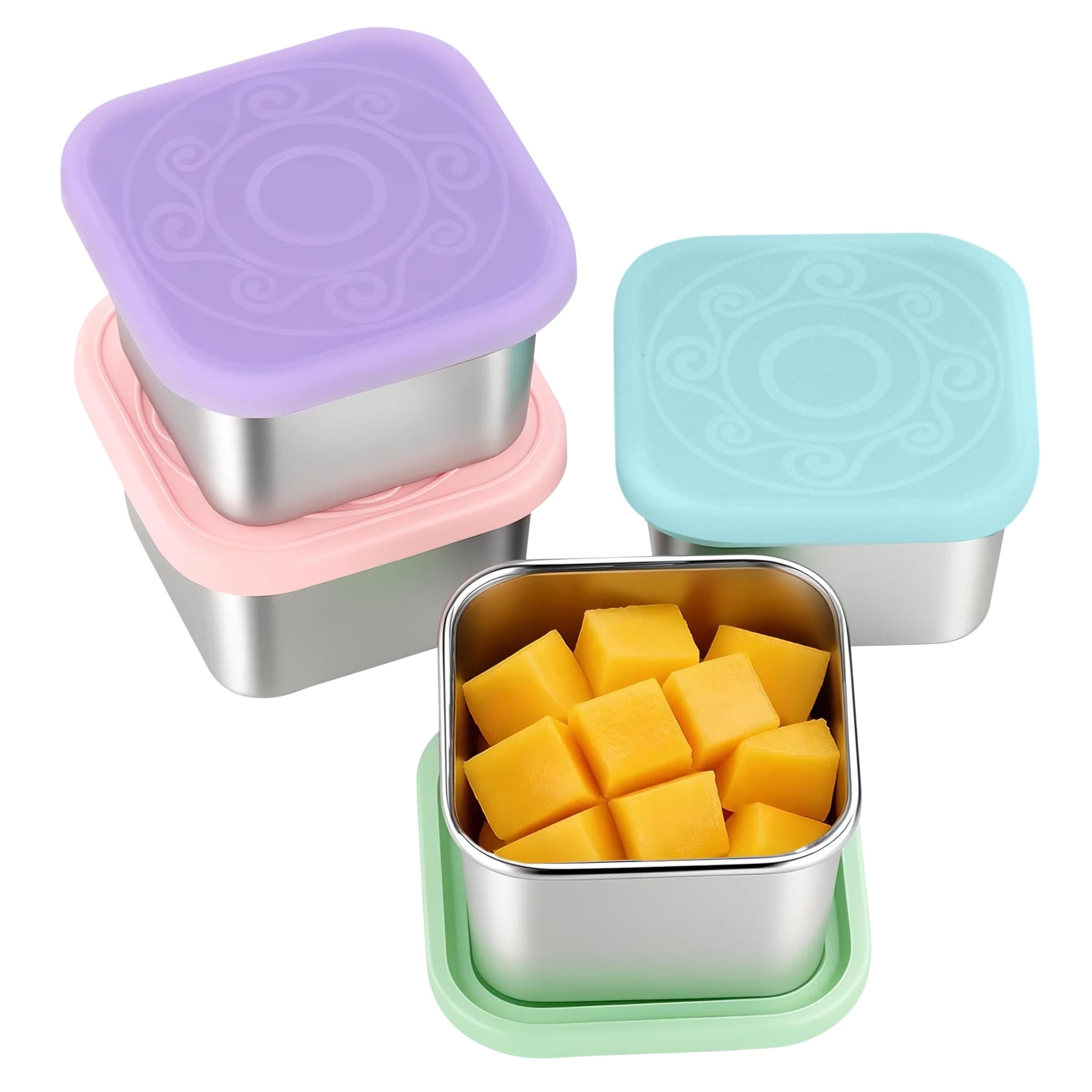 VKVXCLON 4 Pack Stainless Steel Snack Containers, 6oz Snack Box with Silicone Lids,Stackable Portable Small Food Storage Container for Picnic,Travel,School,Office,and Daycare