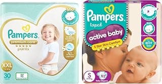 Pampers Active Baby Taped Diapers, Small diapers, (SM) 92 count & Premium Care Pants, Double Extra Large size baby diapers (XXL), 30 Count