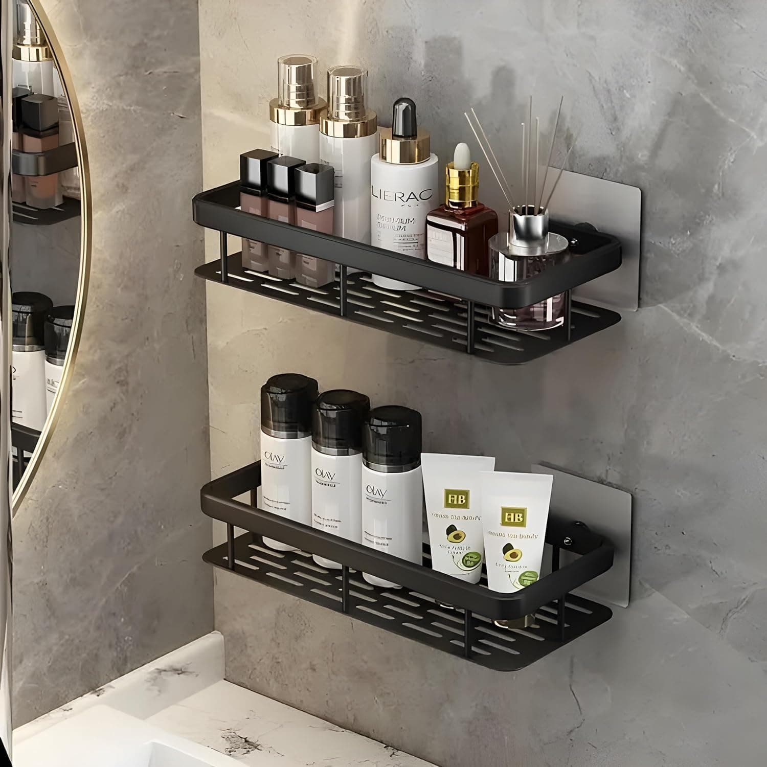 WEPTIX® 2 Pack Self-Adhesive Multipurpose Wall Mounted Bathroom Shelf and Rack for Bathroom and Kitchen,Space Saving Bathroom Organizer Shelf, Punch Free Wall Shelves, Wall Stand Black - (2)