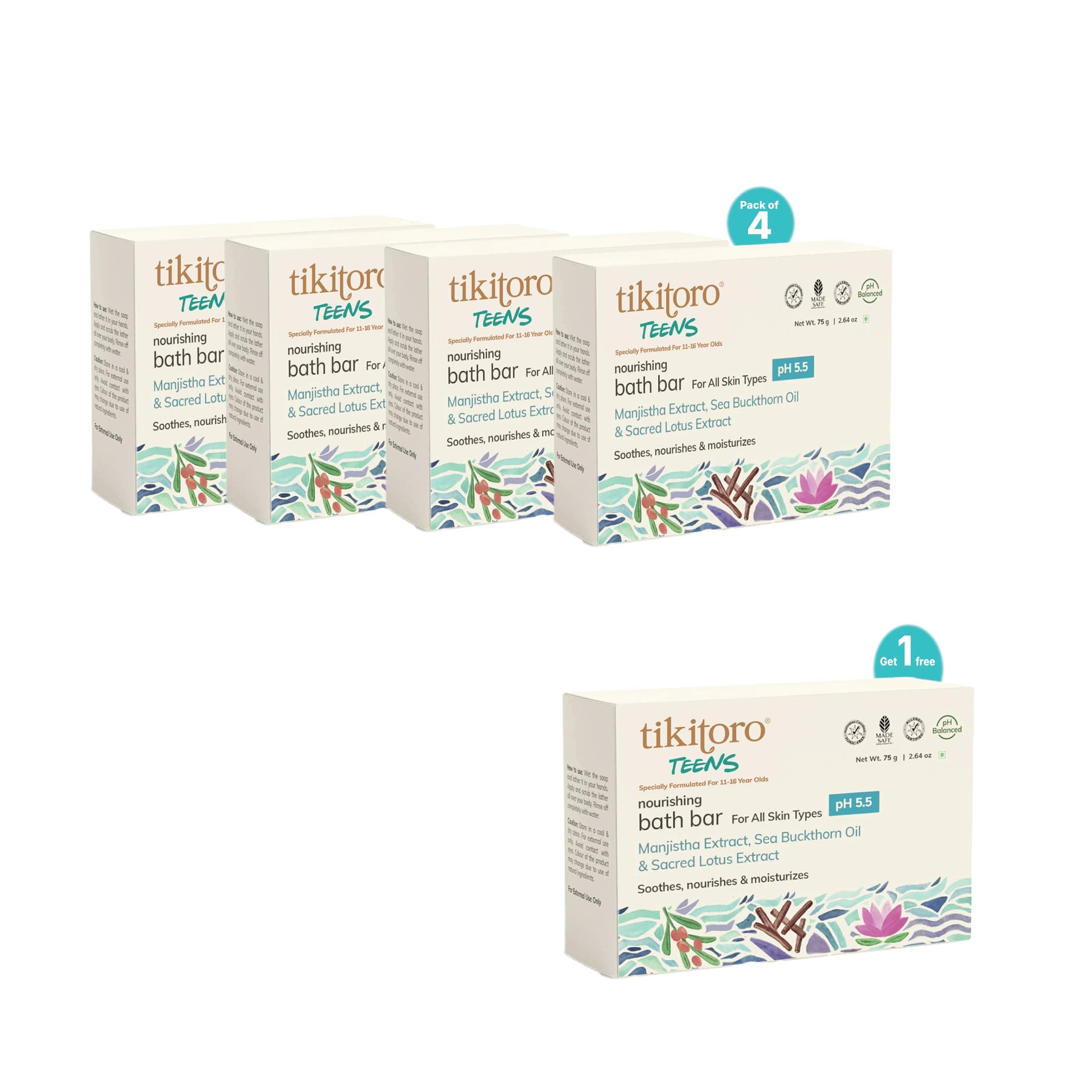 Tikitoro Teens Nourishing Bath Bar Value Pack (4 Plus 1 x 75g) | Manijstha, Sea Buckthorn Oil and Sacred Lotus Extract, Soothes, Nourishes and Moisturizes Skin, No Paraben & Sulphates (11-16 Years)