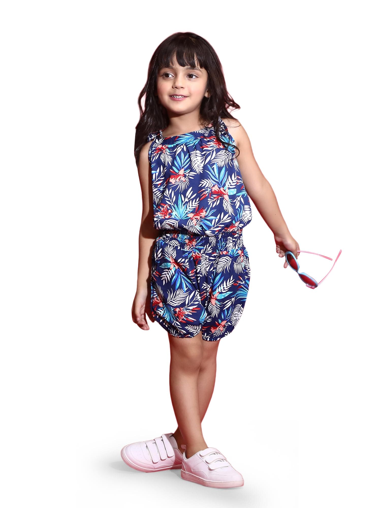 Dear Me Floral Multi Color Printed on Blue Color Base Short Length Jumpsuits for Baby Girls & Teen Girls 3 Years to 16 Years