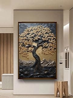 Artsense Wood abstract golden lucky wishtree Painting For Wall Decoration Abstract Wall Painting For Living Room Big Size Painitng With Frame-Multicolor -20X30 Inches/(50X71Cm)