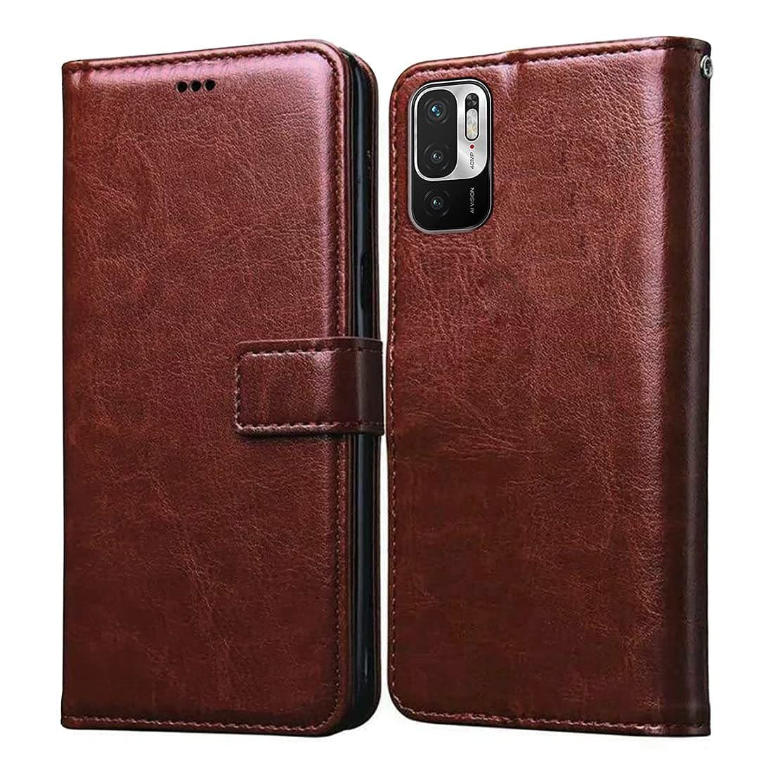 Amazon Brand - Solimo Flip Leather Mobile Cover (Soft & Flexible Back case) for Mi Redmi Note 10T 5G (Brown)