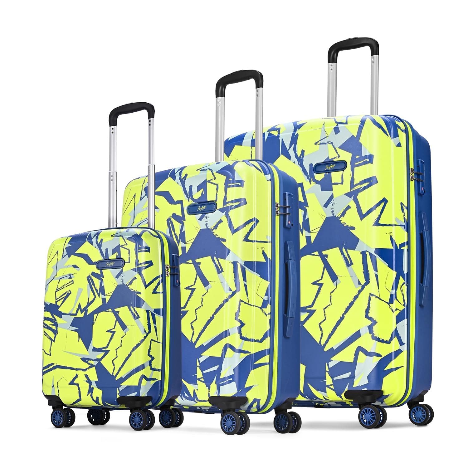 Skybags Lush Set of 3 Printed Trolley Bags, Small, Medium & Large, Lightweight Polycarbonate Case Luggage with 8 Wheels, TSA Lock, Travel-Friendly, 5-Yr International Warranty, Lime-Blue