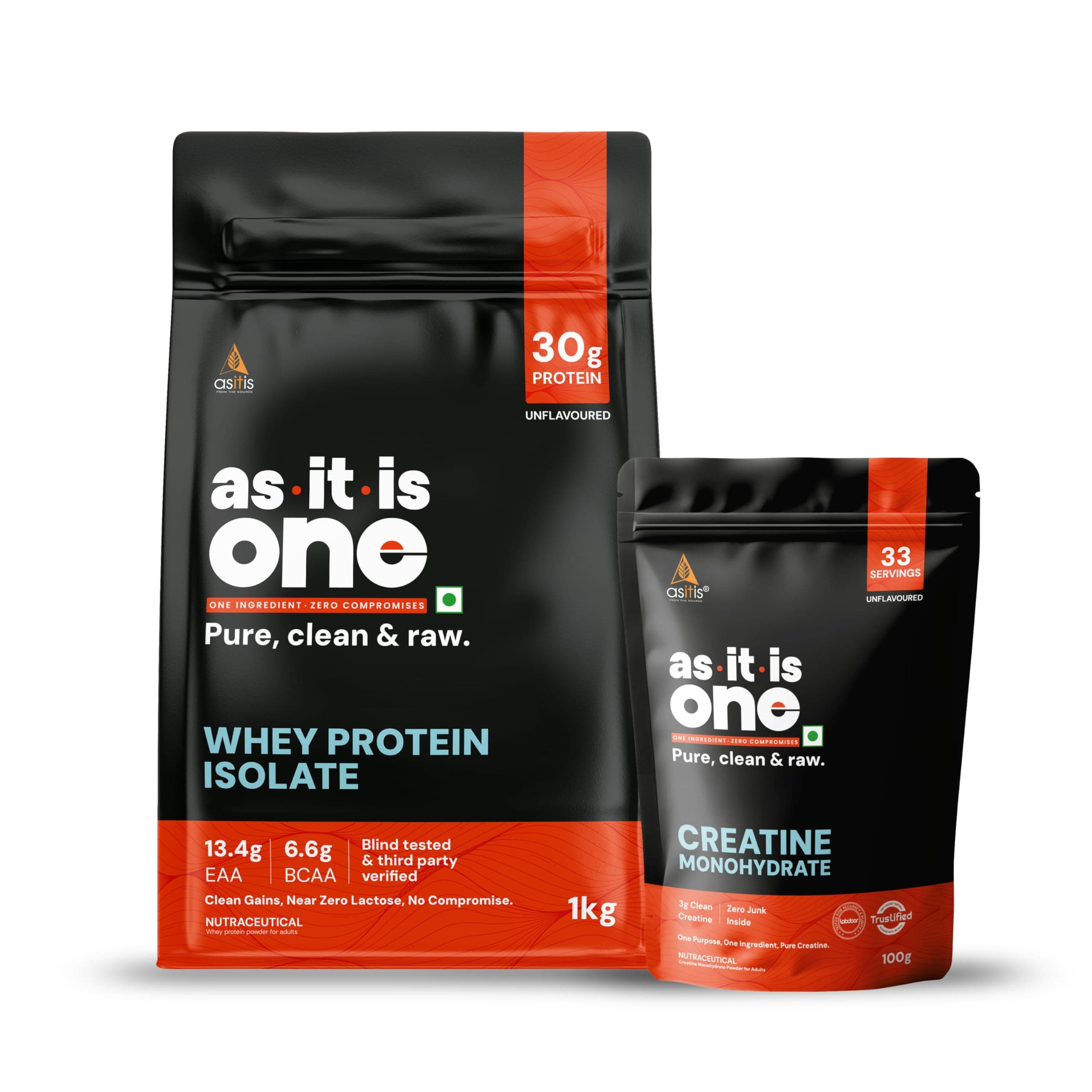 AS-IT-IS One Whey Protein Isolate 1kg + Creatine Monohydrate 100g Combo - Supports Muscle Growth & Recovery, Enhanced Strength & Stamina, Unflavoured, Unsweetened