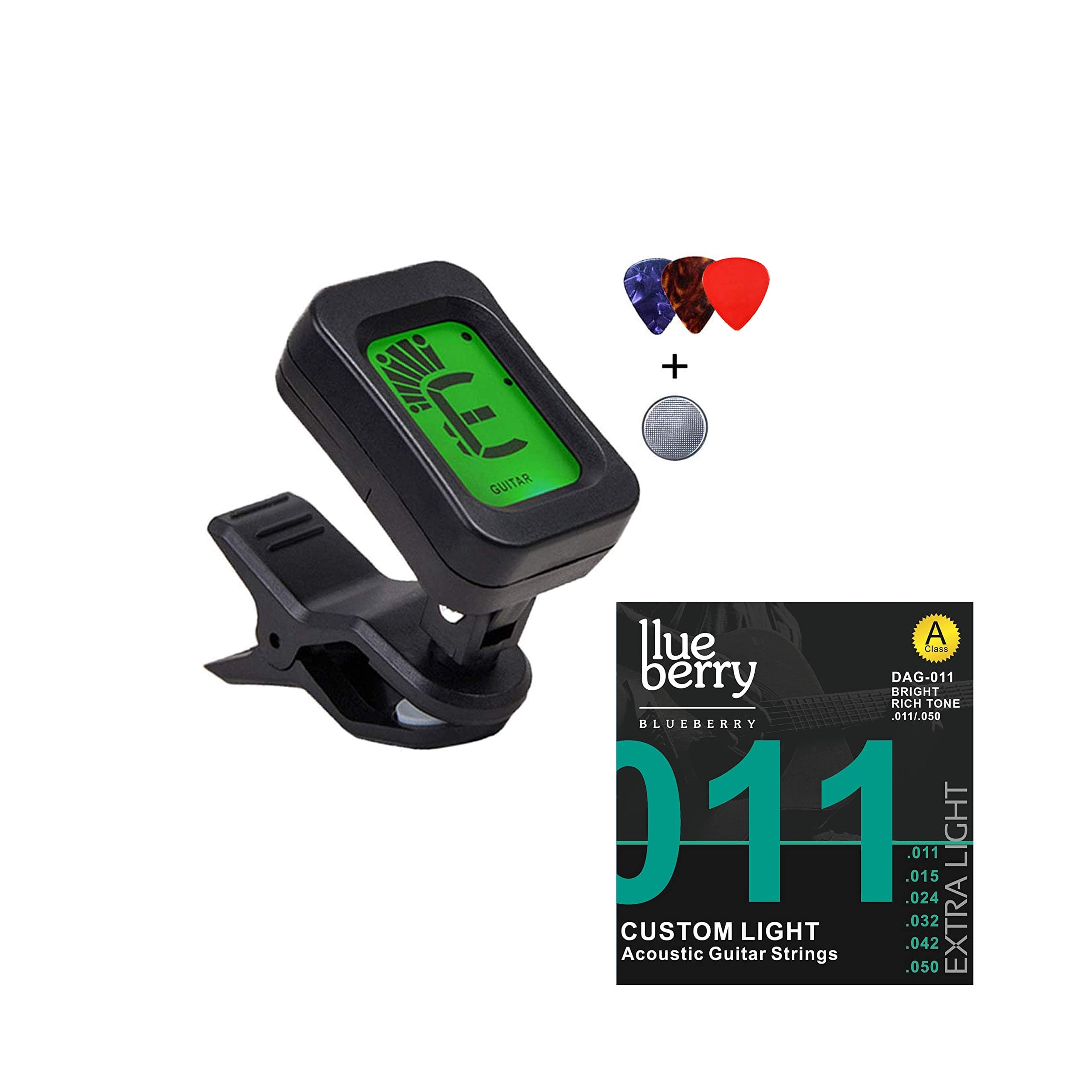 BLUEBERRY BT-01 Digital LCD Guitar Bass Violin Ukulele Clip On Automatic Chromatic Tuner With 3 Guitar Picks & 1 Acoustic Guitar String Set