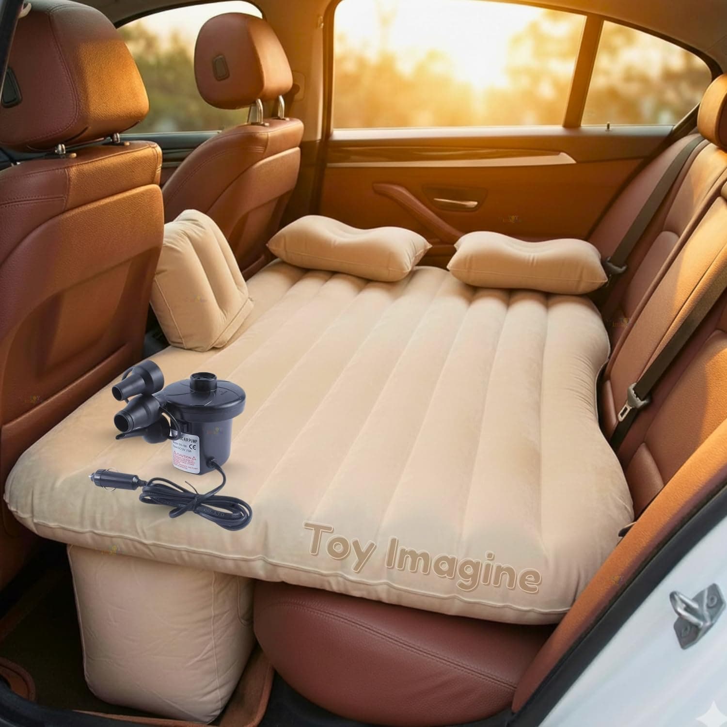 Toy Imagine Car Air Mattress with Pillows & Pump Inflatable Back Seat Bed for Travel, Camping, Long Drives & Family Trips Universal Car Sleeping Bed (Beige)