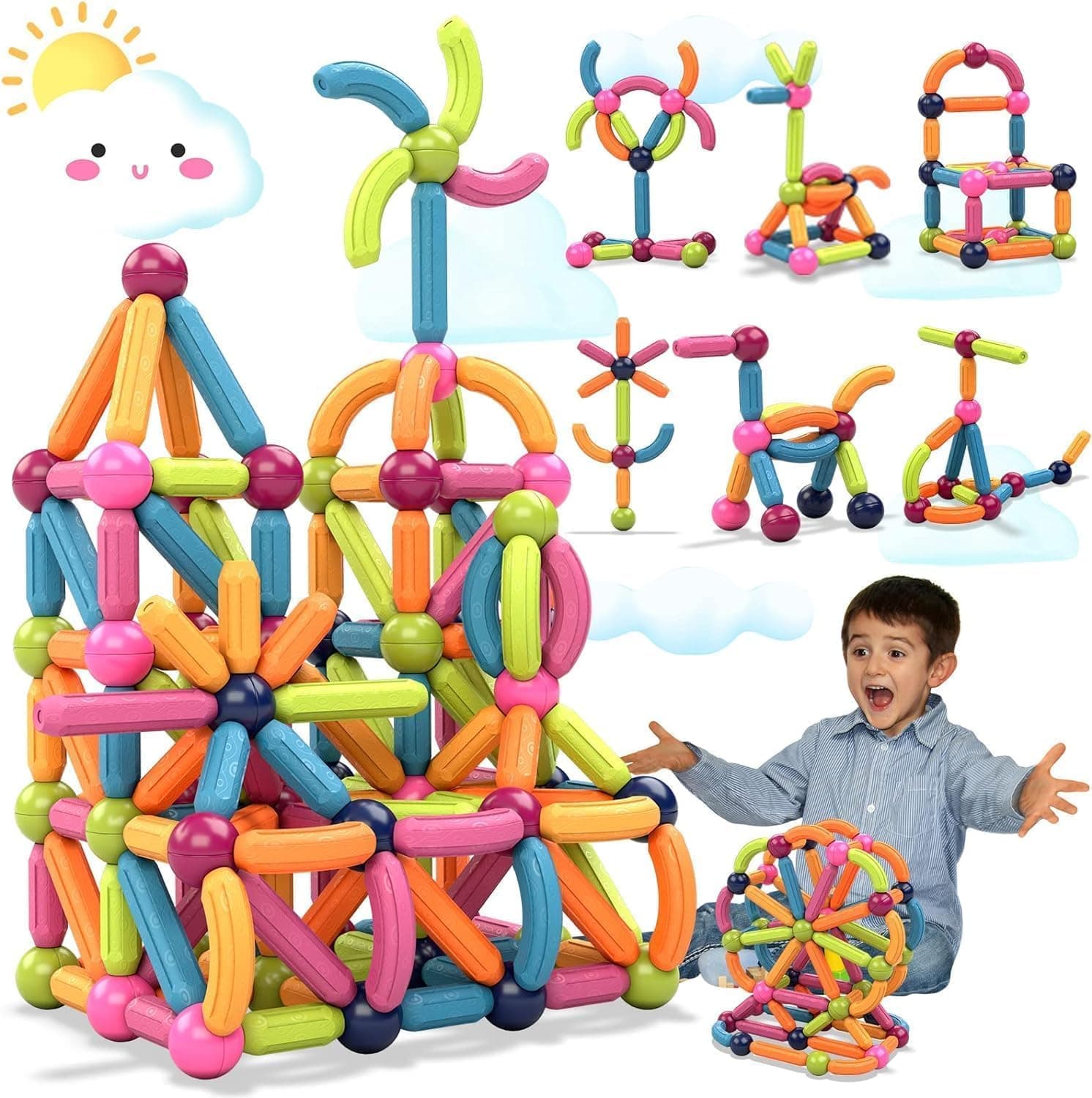 Umadiya® Jumbo Size Magnetic Sticks Building Blocks for Kids Magnetic Toys for Boys Age 3+ Year Old Educational Stem Learning Magnet Stick with Balls Game Set (64 Pcs Magnetic Sticks-Ball)