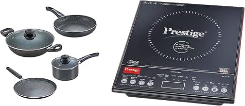 Prestige PIC 3.1 V3 2000-Watt Induction Cooktop with Touch Panel ( Black ) & Prestige Omega Granite Aluminium Kitchen Set, 4-Pieces, Black