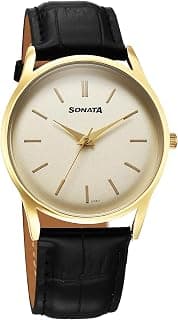 Sonata Quartz Analog Gold Dial Leather Strap Watch for Men