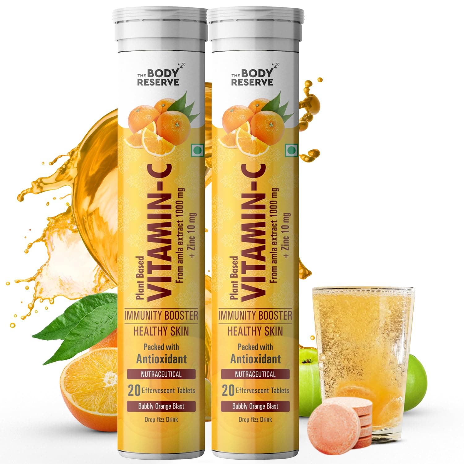 The Body Reserve Natural Vitamin C, Amla Extract With Zinc For Immunity, Skin Care, Antioxidants and Energy Boost, Orange Flavour 40 Effervescent Tablets (Pack Of 2)