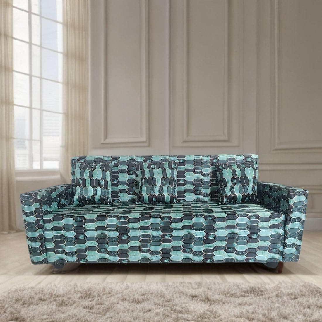 KENDALWOOD Furniture 3 Seater Fabric Sofa for Living Room | Fabric 3 Seater Sofa for Home & Office | Color:- Printed Cushions