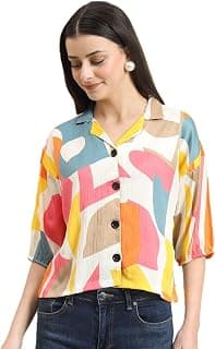 VAIRAGEE Women Cotton Blend Striped Pattern V-Collar Three Quarter Sleeves Stylish Boxy Shirt (1730)