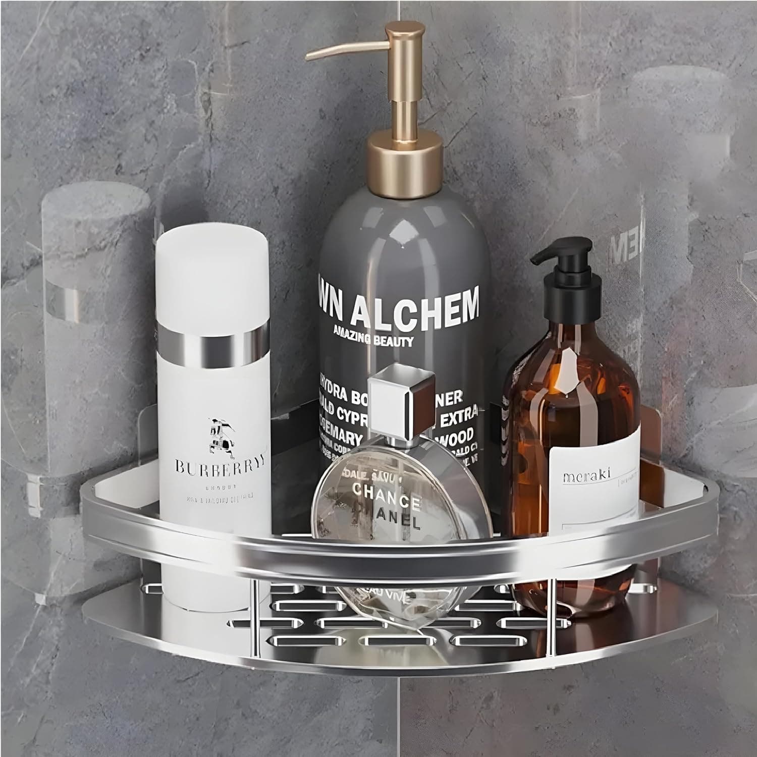 Boniry 1 Pcs Bathroom Accessories Aluminium Heavy Duty Self Adhesive Bathroom Corner Shelf for Wall, Multipurpose Wall Mounted Bathroom Organiser, Washroom Organizer (Silver)