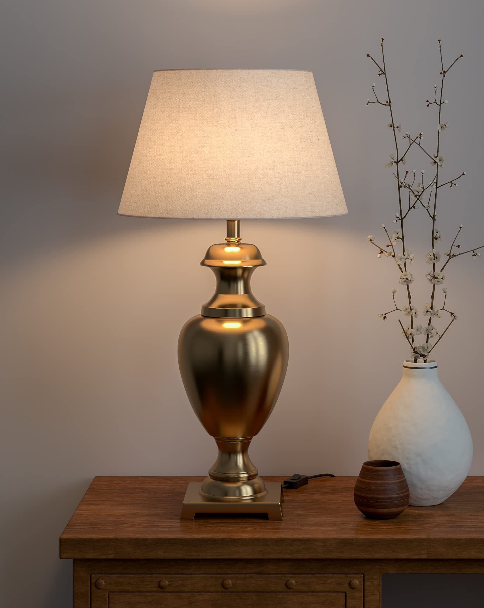 Divine Trends Royal Brass Antique Finish Gold Trophy LED Table Lamp Off White Beige 14 Inches Lampshade Bedside Stylish, Living Room, Bedroom, Home Decoration, Hotel