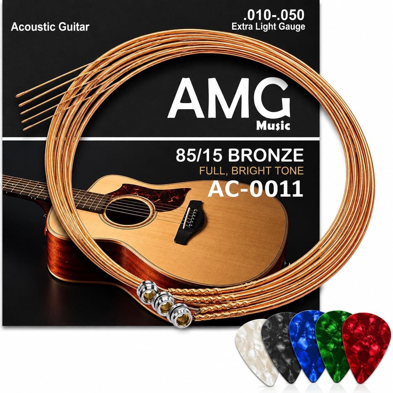 MOCKING BIRD G-3rd Acoustic Guitar String 0.22 Gauge – Stainless Steel & Bronze Replacement with Ball End | Includes 5 Guitar Picks (Pack of 3)
