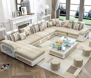 Torque - Silvester 12 Seater U Shaped Sofa Set for Living Room (Left Side, Beige & White) | Large 12-Seater Couch Set with Cushion and Stool | Fabric Sofa for Hall Festival Gifts