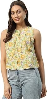 FIORRA Women's Floral Cotton Regular Fit Top With Lace Detail