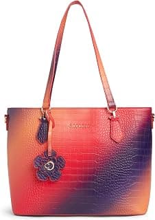 Caprese Marilyn Large Tote Bag for Women | Multi-Color Ombre Croc Pattern Handbag with Flower Charm & 2 Specius Compartment | Adjustable & Detachable Strap Shoulder Bag for Travel & Office Use (Red)