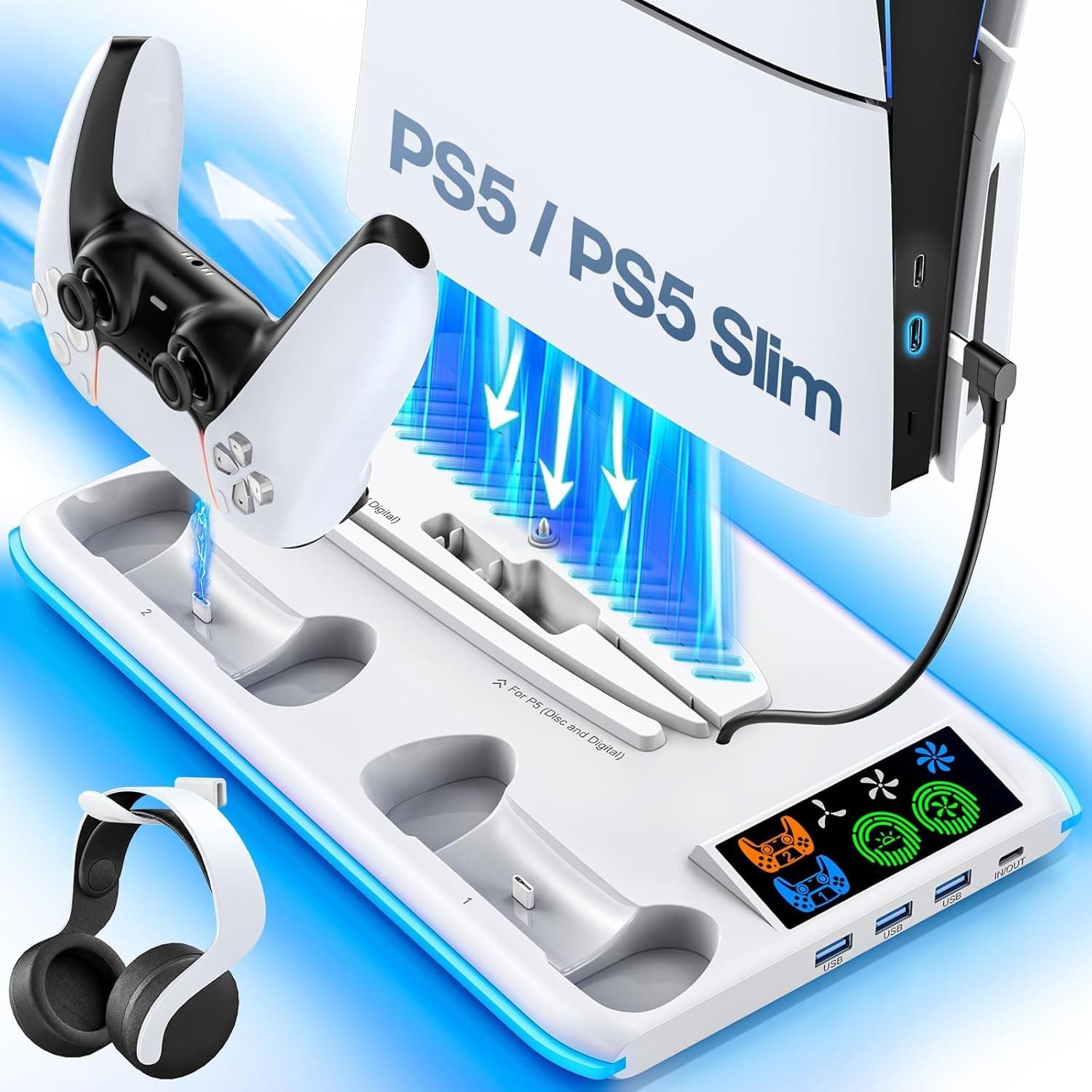 New World For PS5 Slim / PS5 Cooling Station with 3-Level Cooling Fan, Compatible With PS5 /PS5 Slim Stand with Controller Charger for All PS5 Console, Only Cooling stand ( PS5 Console ,Controller not included)