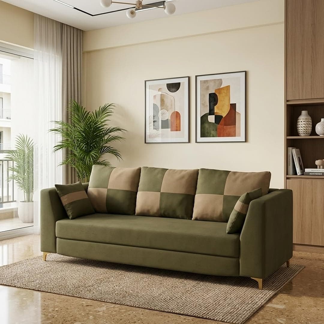 FURNY Signature Cresta 3 Seater Sofa Set | Boston Fabric | 40D Foam + Zigzag Spring | 3-Yr Warranty (Olive Green - Beige)| Modern Living Luxury Sofa Set for Home, Office & Hotel Spaces
