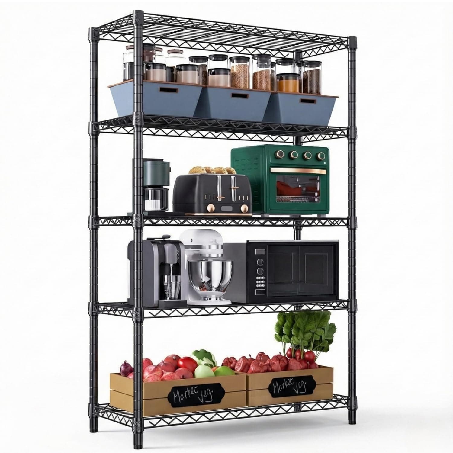 STORACK 5 Shelf Multipurpose Storage Rack for Kitchen, Home & Office | Heavy Duty Steel Storage Rack | 300KG Load Capacity | Height Adjustable Metal Shelf Organizer | Utility Rack 75x35x155 CM Black