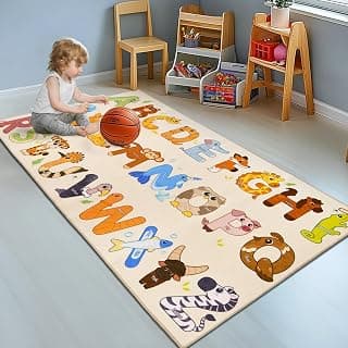 Kids Rugs for Playroom - Soft & Non-Slip 80x150 cm Educational Rug for Learning ABC Alphabet & Animals, Washable Classroom Rug for Toddler Nursery & Kids Room Decor.