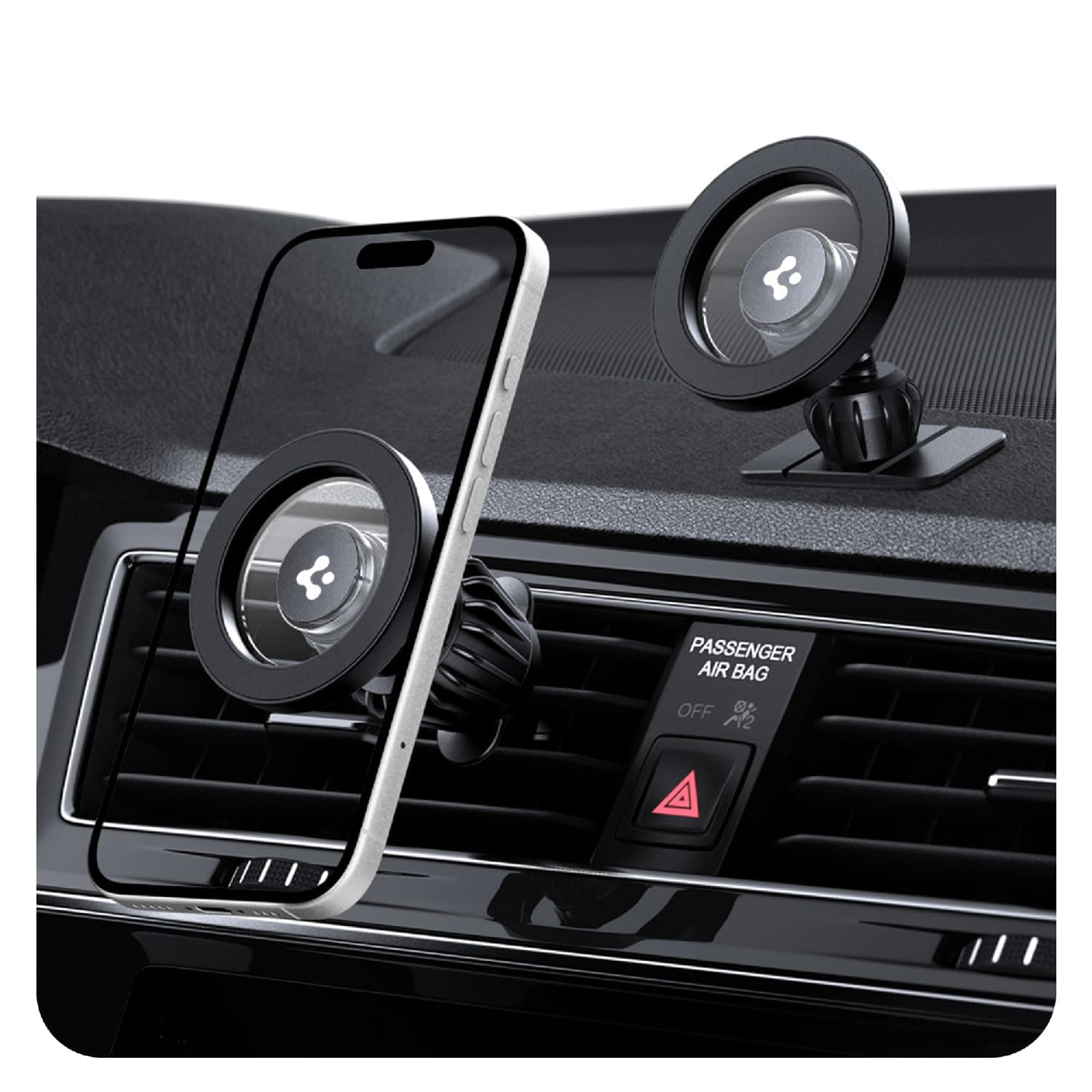 Spigen Magnetic Air Vent Car Mobile Holder, Super Strong Magnet, (Magnetic Ring & Extra Mini Dashboard Mount Included) for iPhone 17/16/15/14/13/12, Samsung Galaxy & More (MFT13) - Black