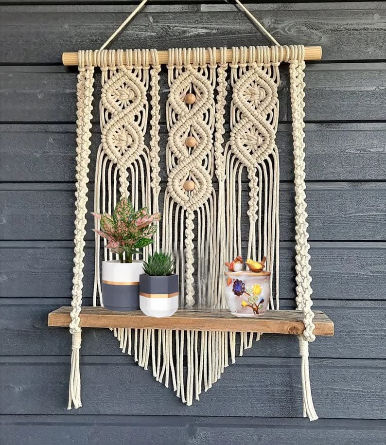 GUL DECOR Macrame Wall Hanging Shelf, Decorative Handmade Floating Wooden Shelve, Hand Woven Items for Living Room Bed Room, Gift Item Kitchen, Size 12 x 5 x 24 Inch,Off White, 1-Pcs, GD-12
