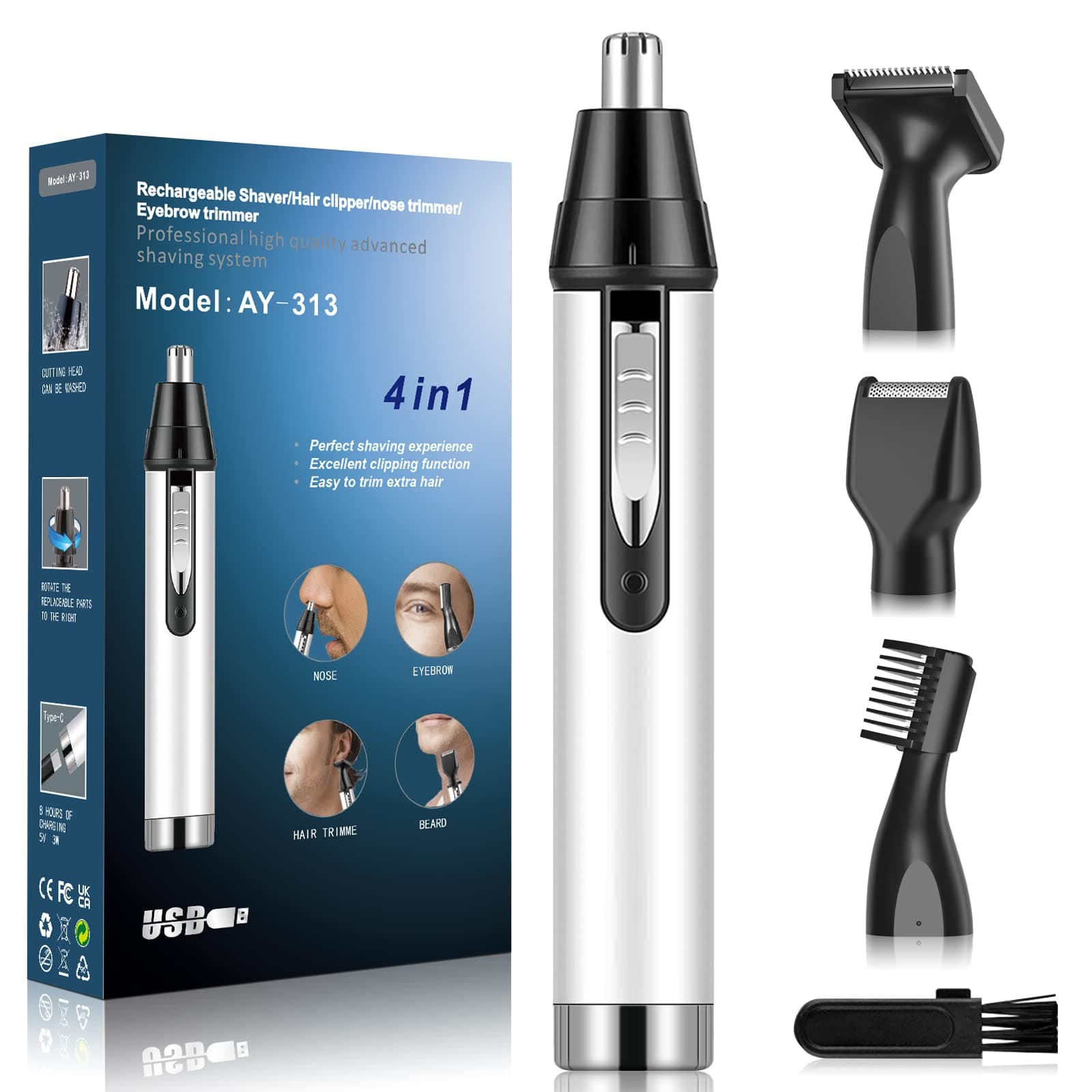 Cleanfly Ear And Nose Hair Trimmer For Men, Professional Usb Rechargeable Nostril Nasal Hair Vacuum Cleaning System, 4 In 1 Lightweight Waterproof Hair And Beard Clippers For Women