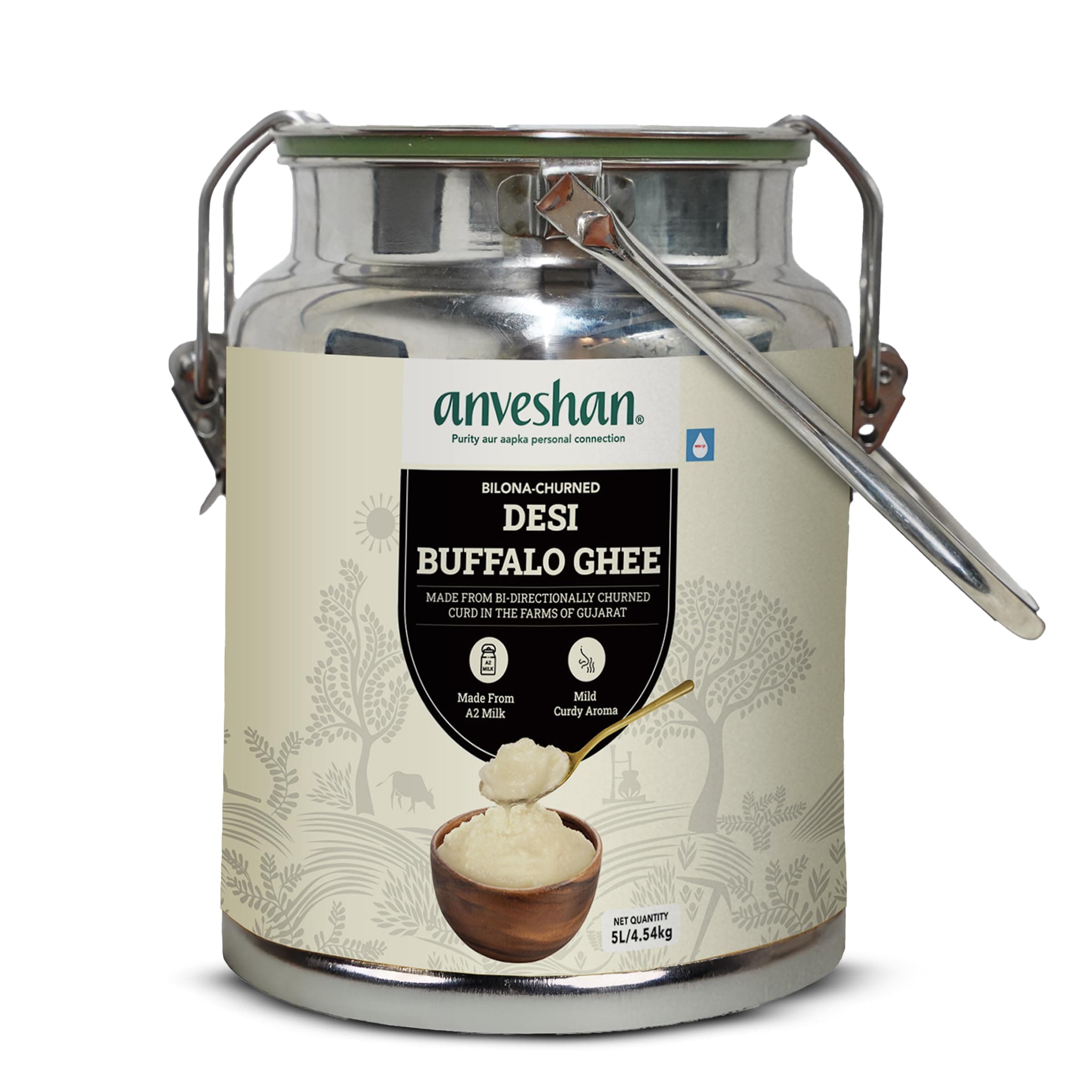 Anveshan A2 Desi Buffalo Ghee - 5L Dolchi | Bilona Ghee | Grass Fed Buffaloes | Jaffrabadi Buffalo | Gujarat Region | Pure & Natural | Nutritional Powerhouse | Lab-Tested