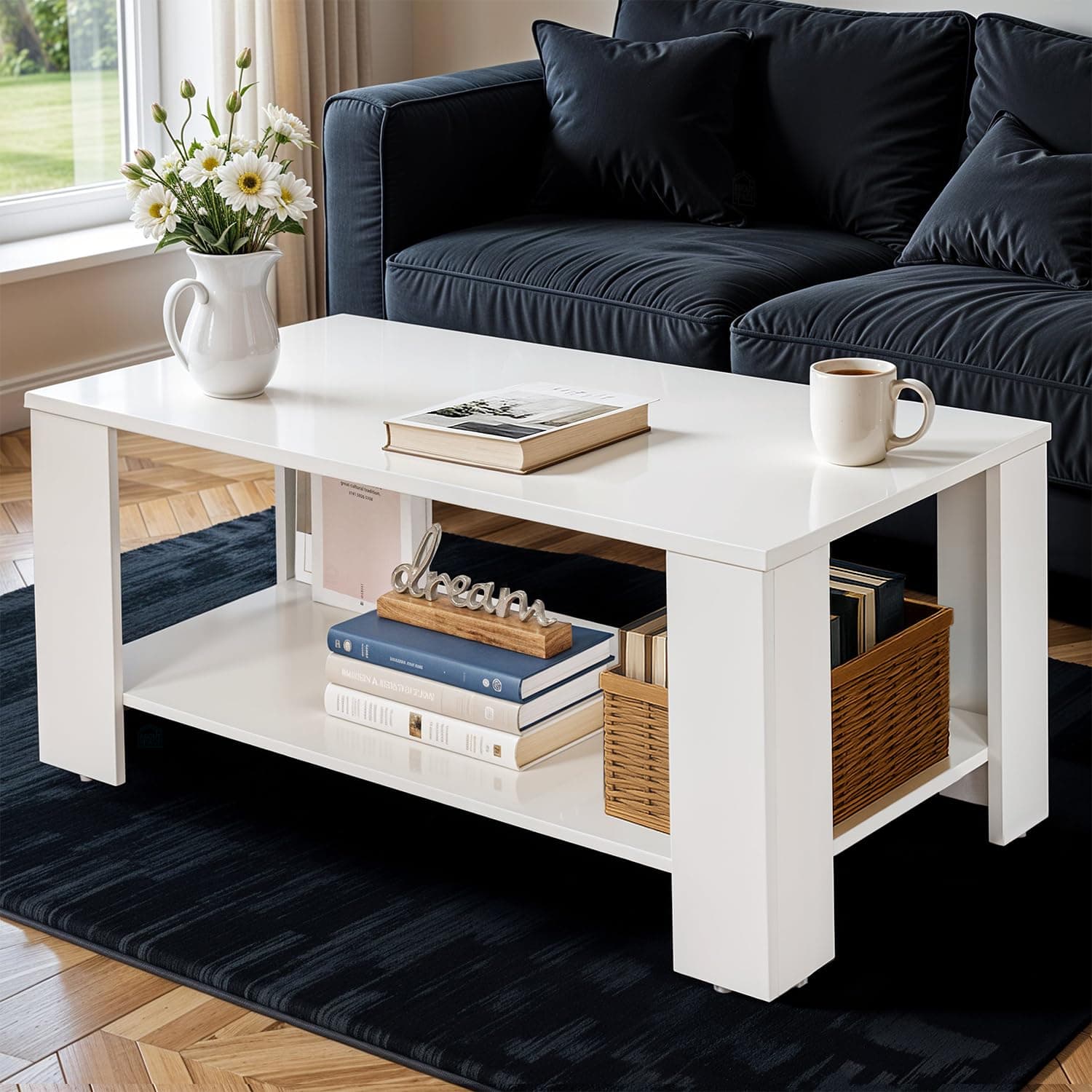 ABOUT SPACE Coffee Table - Portable Wooden Centre Table with Storage, Open Rack & Corner Baffles - Furniture - Sofa/Tea/Teapoy for Living Room, Home, Office (White - L 90 x B 55 x H 45 cm)