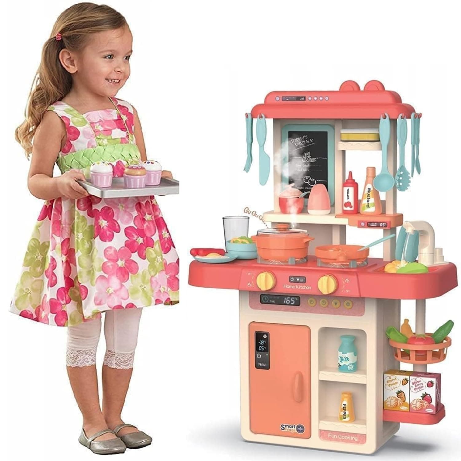 MiniSteps Kids Kitchen Set with Light & Sound Big Cooking Playset, Battery-Operated Pretend Play Toy with Accessories for Girls